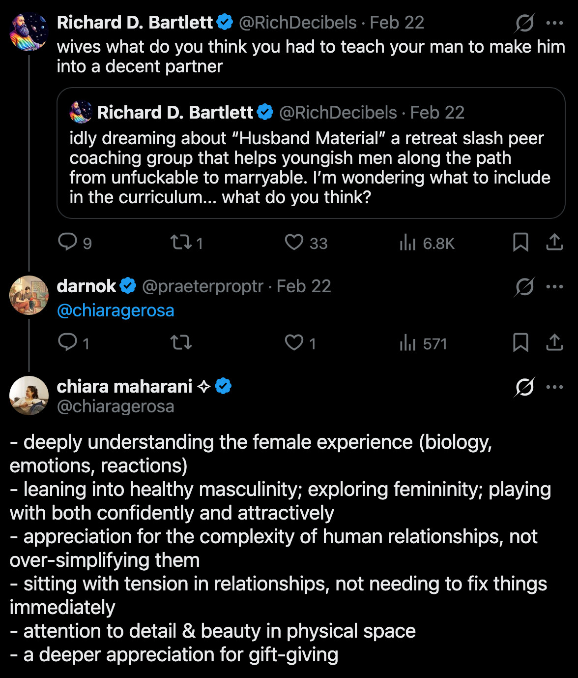 chiara maharani โง on X: "@praeterproptr @RichDecibels - deeply understanding the female experience (biology, emotions, reactions) - leaning into healthy masculinity; exploring femininity; playing with both confidently and attractively - appreciation for the complexity of human relationships, not over-simplifying them - sitting with" / X