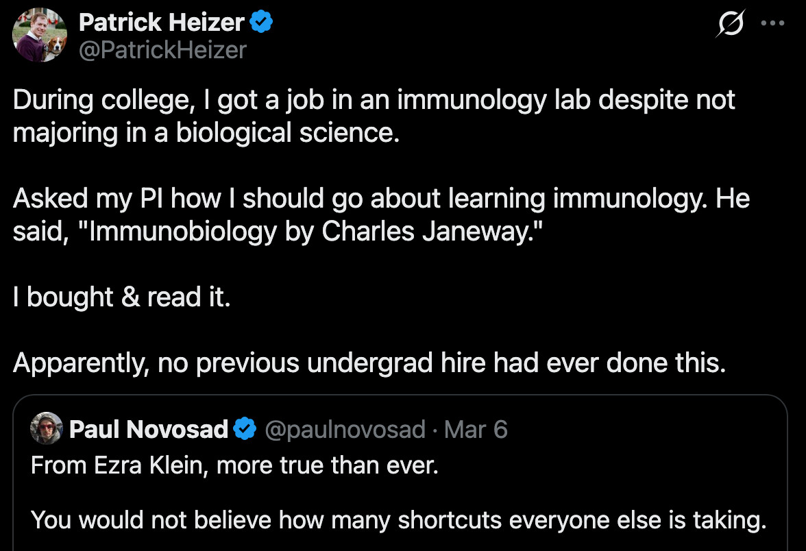 Patrick Heizer on X: "During college, I got a job in an immunology lab despite not majoring in a biological science. Asked my PI how I should go about learning immunology. He said, "Immunobiology by Charles Janeway." I bought &amp; read it. Apparently, no previous undergrad hire had ever done this." / X