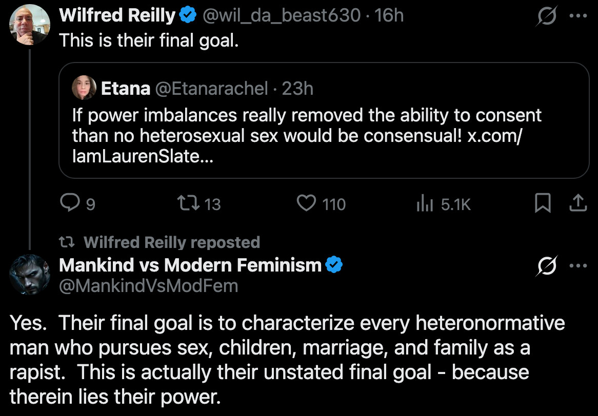 Mankind vs Modern Feminism on X: "@wil_da_beast630 Yes. Their final goal is to characterize every heteronormative man who pursues sex, children, marriage, and family as a rapist. This is actually their unstated final goal - because therein lies their power." / X