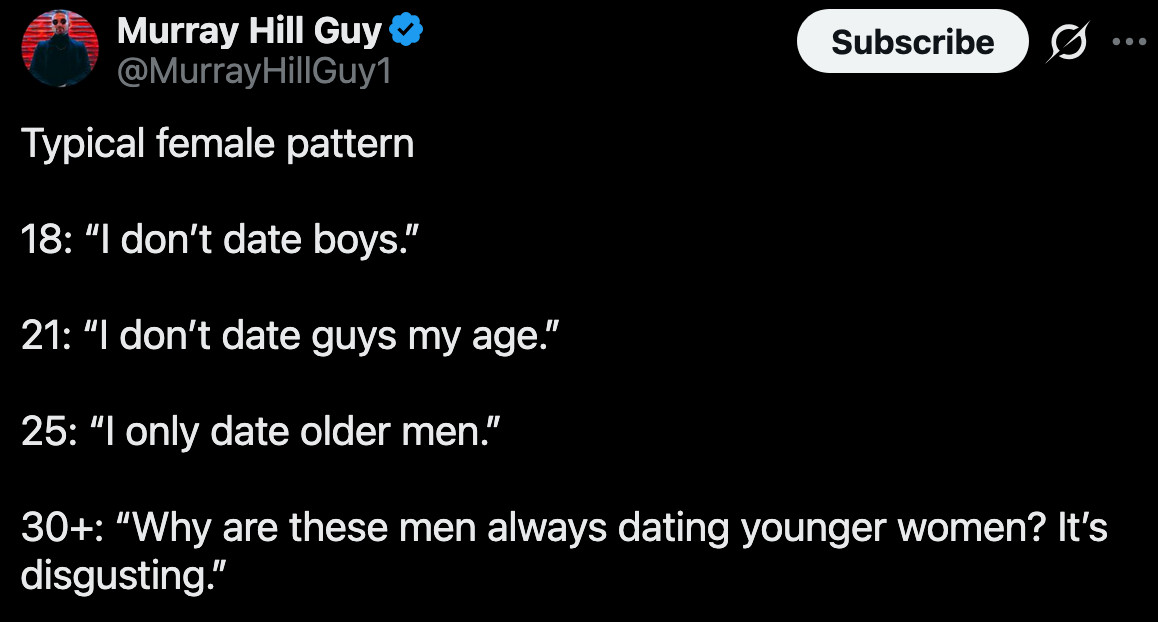 Murray Hill Guy on X: "Typical female pattern 18: “I don’t date boys.” 21: “I don’t date guys my age.” 25: “I only date older men.” 30+: “Why are these men always dating younger women? It’s disgusting.”" / X